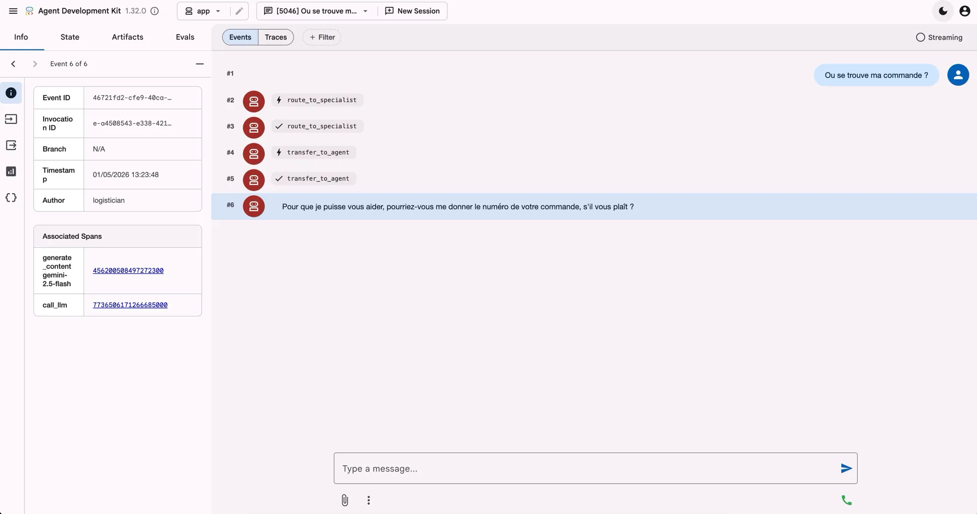 Interface du playground ADK : conversation avec l'agent logistician qui route la demande via transfer_to_agent avant de répondre