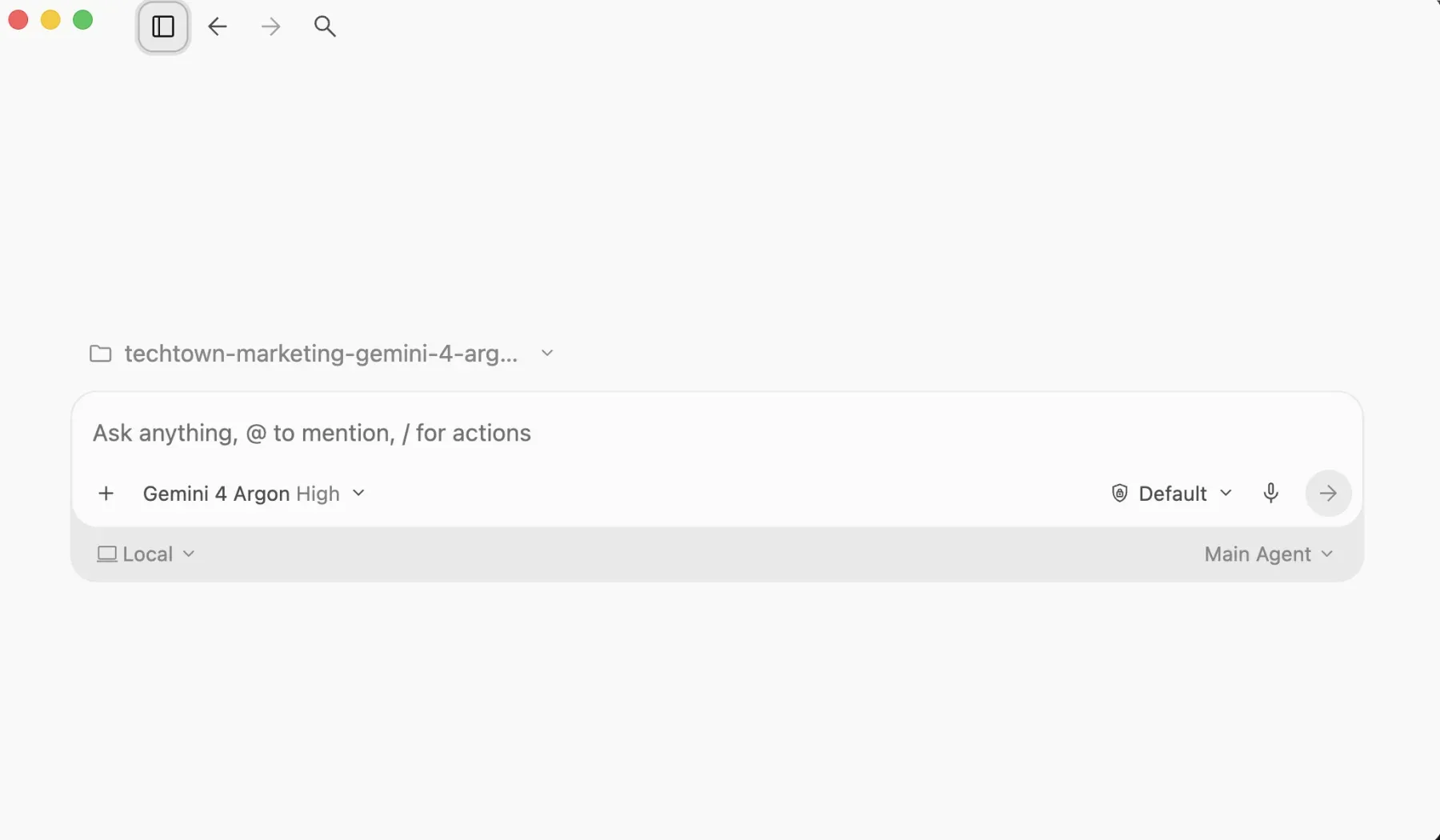 Google Antigravity chat prompt with Gemini 4 Argon High selected and / for actions